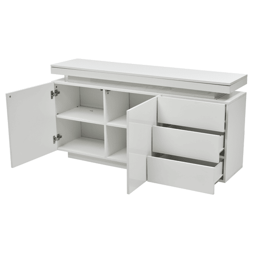 Móvel lateral 140x35x72,5 cm - 2 portas, 3 gavetas, acabamento lacado, com iluminação LED - Branco