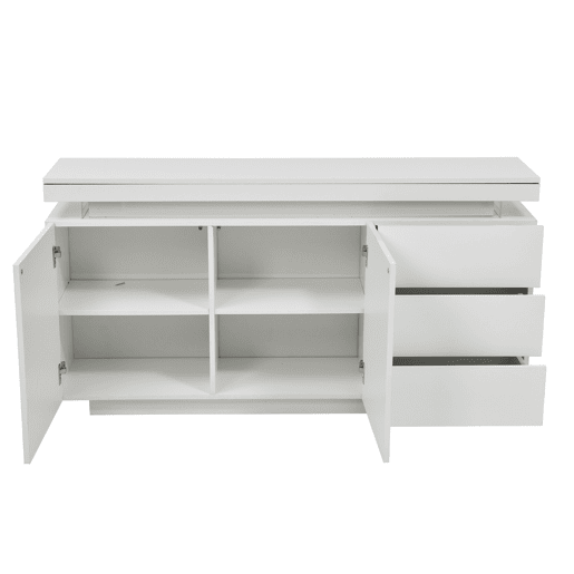 Móvel lateral 140x35x72,5 cm - 2 portas, 3 gavetas, acabamento lacado, com iluminação LED - Branco