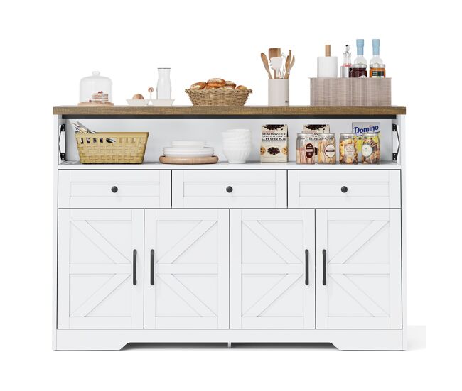 Buffet 140 cm - con almacenamiento, 3 cajones, puertas y estantes ajustables, estilo rústico - marrón/blanco