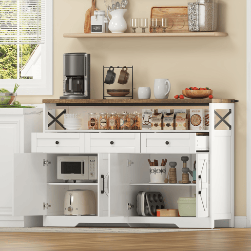 Buffet 140 cm - com arrumação, 3 gavetas, portas e prateleiras ajustáveis, estilo rústico - castanhobranco