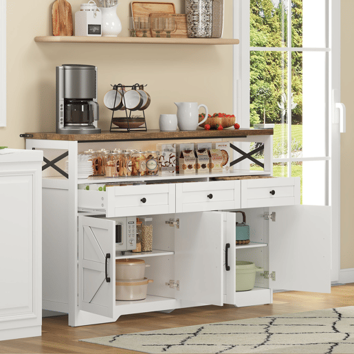Buffet 140 cm - com arrumação, 3 gavetas, portas e prateleiras ajustáveis, estilo rústico - castanhobranco
