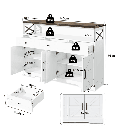 Buffet 140 cm - com arrumação, 3 gavetas, portas e prateleiras ajustáveis, estilo rústico - castanhobranco