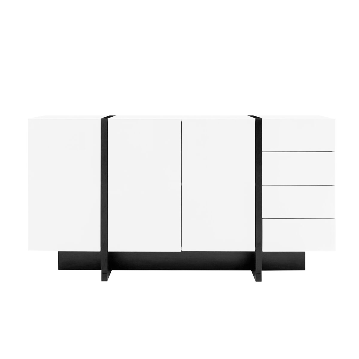 Aparador blanco de alto brillo - 2 puertas, 4 cajones, diseño moderno y sencillo - blanco+negro