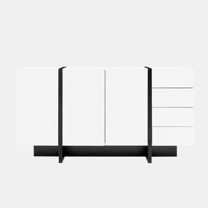 Aparador branco de alto brilho - 2 portas, 4 gavetas, design moderno e simples - Branco+Preto