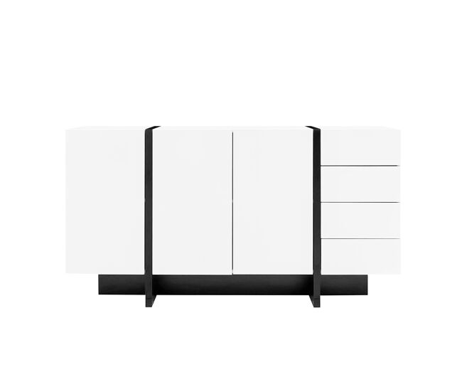 Aparador blanco de alto brillo - 2 puertas, 4 cajones, diseño moderno y sencillo - blanco+negro