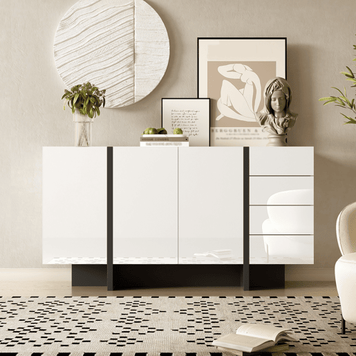 Aparador branco de alto brilho - 2 portas, 4 gavetas, design moderno e simples - Branco+Preto