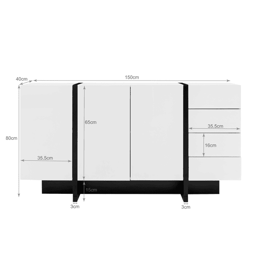 Aparador branco de alto brilho - 2 portas, 4 gavetas, design moderno e simples - Branco+Preto