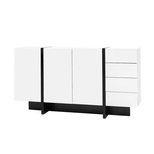 Aparador branco de alto brilho - 2 portas, 4 gavetas, design moderno e simples - Branco+Preto