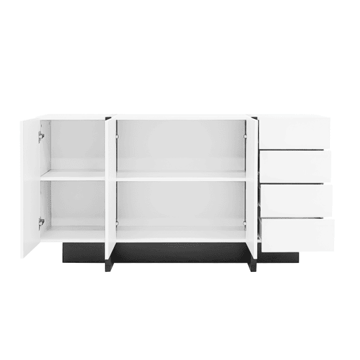 Aparador branco de alto brilho - 2 portas, 4 gavetas, design moderno e simples - Branco+Preto