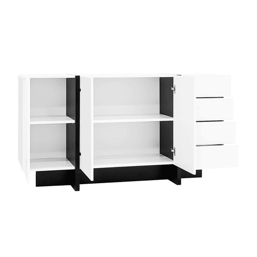 Aparador branco de alto brilho - 2 portas, 4 gavetas, design moderno e simples - Branco+Preto