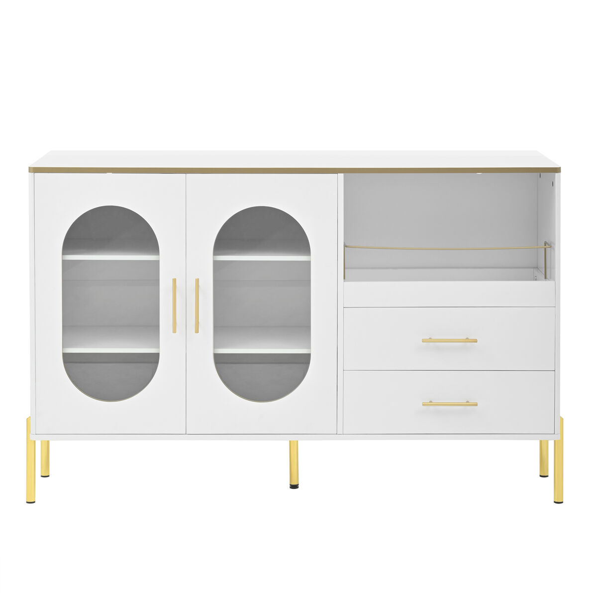 Aparador elegante 2 cajones 2 puertas de cristal - comoda moderna blanca con detalles dorados - gran capacidad - para salón, comedor, pasillo