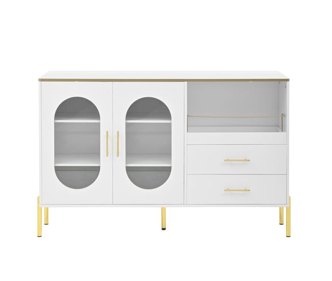 Aparador elegante 2 cajones 2 puertas de cristal - comoda moderna blanca con detalles dorados - gran capacidad - para salón, comedor, pasillo