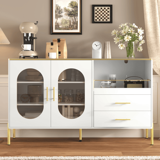 Aparador elegante com 2 gavetas e 2 portas de vidro - Cômoda moderna branca com detalhes dourados - Grande capacidade - para sala de estar, sala de jantar, corredor