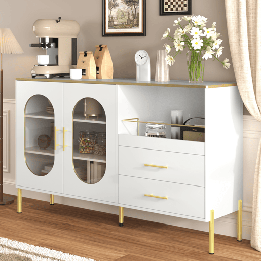 Aparador elegante com 2 gavetas e 2 portas de vidro - Cômoda moderna branca com detalhes dourados - Grande capacidade - para sala de estar, sala de jantar, corredor