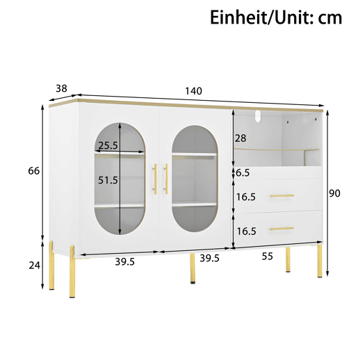 Aparador elegante com 2 gavetas e 2 portas de vidro - Cômoda moderna branca com detalhes dourados - Grande capacidade - para sala de estar, sala de jantar, corredor