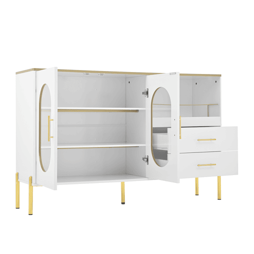 Aparador elegante com 2 gavetas e 2 portas de vidro - Cômoda moderna branca com detalhes dourados - Grande capacidade - para sala de estar, sala de jantar, corredor