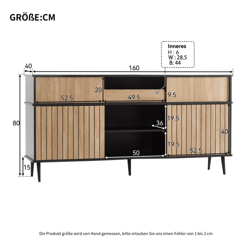 Cômoda 160x40x80 cm - 4 portas de correr, 1 gaveta, combinação de carvalho e preto - Preto+Natural