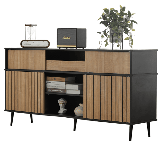 Cômoda 160x40x80 cm - 4 portas de correr, 1 gaveta, combinação de carvalho e preto - Preto+Natural