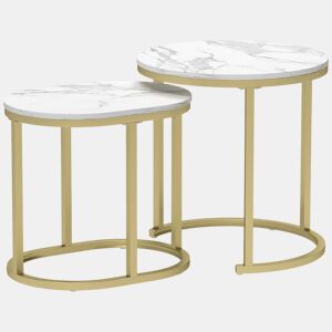 HOMCOM Conjunto de 2 Mesas de Centro Mesas Auxiliares Modernas com Bancada de Efeito Mármore e Estrutura de Aço para Sala Quarto Branco e Dourado