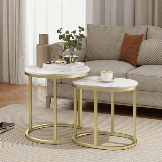 HOMCOM Conjunto de 2 Mesas de Centro Mesas Auxiliares Modernas com Bancada de Efeito Mármore e Estrutura de Aço para Sala Quarto Branco e Dourado