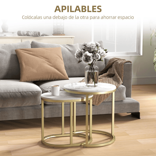 HOMCOM Conjunto de 2 Mesas de Centro Mesas Auxiliares Modernas com Bancada de Efeito Mármore e Estrutura de Aço para Sala Quarto Branco e Dourado