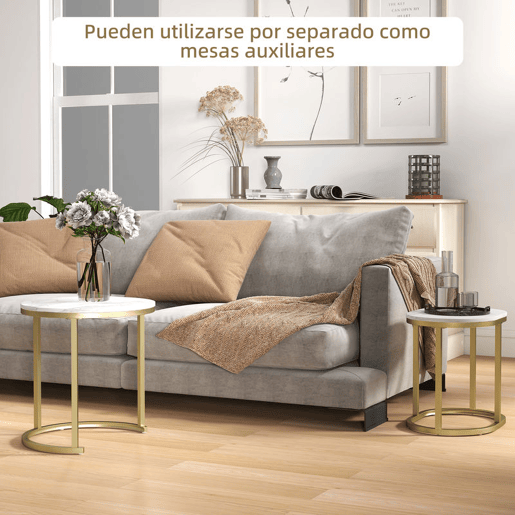 HOMCOM Conjunto de 2 Mesas de Centro Mesas Auxiliares Modernas com Bancada de Efeito Mármore e Estrutura de Aço para Sala Quarto Branco e Dourado