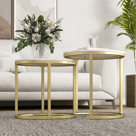 HOMCOM Conjunto de 2 Mesas de Centro Mesas Auxiliares Modernas com Bancada de Efeito Mármore e Estrutura de Aço para Sala Quarto Branco e Dourado