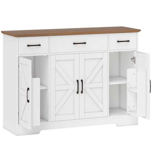 HOMCOM Aparador de Cozinha Rústico Armário de Cozinha com 4 Prateleiras de Porta 3 Gavetas Prateleiras Ajustáveis Porta com Fecho Suave Móvel de TV para 48-55 Polegadas 120x38x87 cm Branco e Nogueira