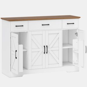 HOMCOM Aparador de Cozinha Rústico Armário de Cozinha com 4 Prateleiras de Porta 3 Gavetas Prateleiras Ajustáveis Porta com Fecho Suave Móvel de TV para 48-55 Polegadas 120x38x87 cm Branco e Nogueira
