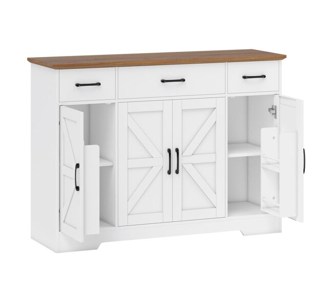 Homcom aparador de cocina rústico, armario de cocina con 4 estantes de puerta, 3 cajones, estantes ajustables, puerta con cierre suave, mueble de tv para 48-55 pulgadas, 120x38x87 cm, blanco y nogal
