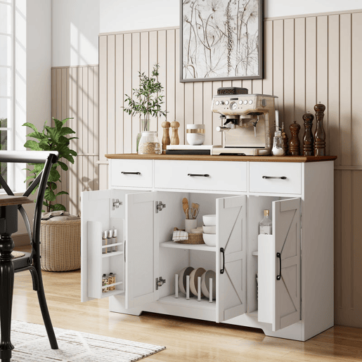HOMCOM Aparador de Cozinha Rústico Armário de Cozinha com 4 Prateleiras de Porta 3 Gavetas Prateleiras Ajustáveis Porta com Fecho Suave Móvel de TV para 48-55 Polegadas 120x38x87 cm Branco e Nogueira
