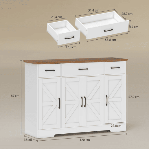 HOMCOM Aparador de Cozinha Rústico Armário de Cozinha com 4 Prateleiras de Porta 3 Gavetas Prateleiras Ajustáveis Porta com Fecho Suave Móvel de TV para 48-55 Polegadas 120x38x87 cm Branco e Nogueira