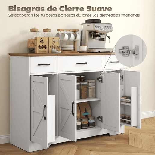 HOMCOM Aparador de Cozinha Rústico Armário de Cozinha com 4 Prateleiras de Porta 3 Gavetas Prateleiras Ajustáveis Porta com Fecho Suave Móvel de TV para 48-55 Polegadas 120x38x87 cm Branco e Nogueira