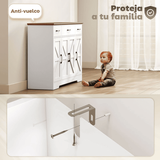 HOMCOM Aparador de Cozinha Rústico Armário de Cozinha com 4 Prateleiras de Porta 3 Gavetas Prateleiras Ajustáveis Porta com Fecho Suave Móvel de TV para 48-55 Polegadas 120x38x87 cm Branco e Nogueira