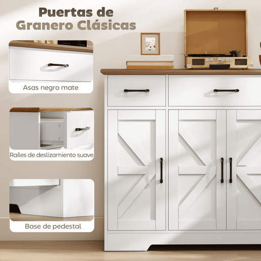HOMCOM Aparador de Cozinha Rústico Armário de Cozinha com 4 Prateleiras de Porta 3 Gavetas Prateleiras Ajustáveis Porta com Fecho Suave Móvel de TV para 48-55 Polegadas 120x38x87 cm Branco e Nogueira