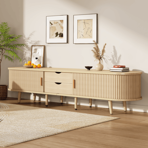 Móvel de TV 175x40x42 cm - Com arrumação, 2 gavetas, superfície redonda, madeira MDF - Cor madeira