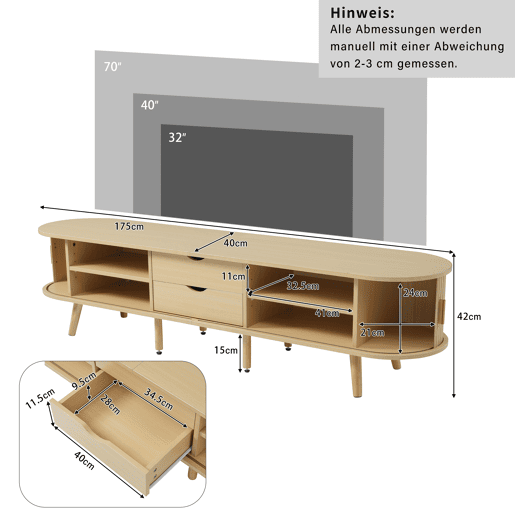 Móvel de TV 175x40x42 cm - Com arrumação, 2 gavetas, superfície redonda, madeira MDF - Cor madeira