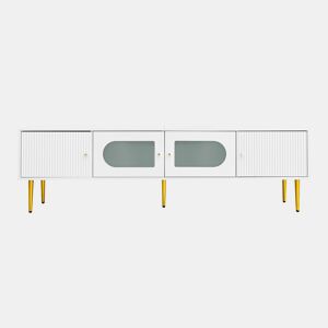 Móvel de TV 170 cm - Corpo branco com pés e puxadores dourados, 2 portas com ranhuras verticais e 2 com vidro curvo - Branco