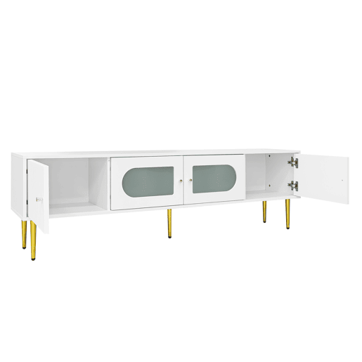 Móvel de TV 170 cm - Corpo branco com pés e puxadores dourados, 2 portas com ranhuras verticais e 2 com vidro curvo - Branco