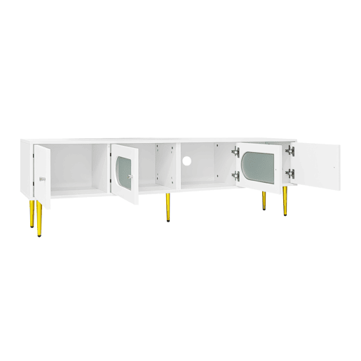 Móvel de TV 170 cm - Corpo branco com pés e puxadores dourados, 2 portas com ranhuras verticais e 2 com vidro curvo - Branco
