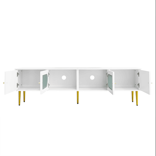 Móvel de TV 170 cm - Corpo branco com pés e puxadores dourados, 2 portas com ranhuras verticais e 2 com vidro curvo - Branco