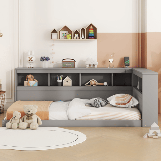 Cama de dia, 90x200 cm - Sofá-cama, com tomada e 2 portas USB, com estrado (sem colchão) - Cinza