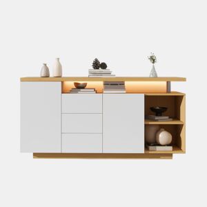 Aparador multifuncional 140 cm - 2 portas, 3 gavetas, 2 compartimentos abertos, com iluminação LED - branco e madeira