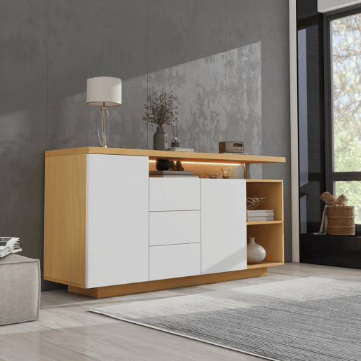 Aparador multifuncional 140 cm - 2 portas, 3 gavetas, 2 compartimentos abertos, com iluminação LED - branco e madeira