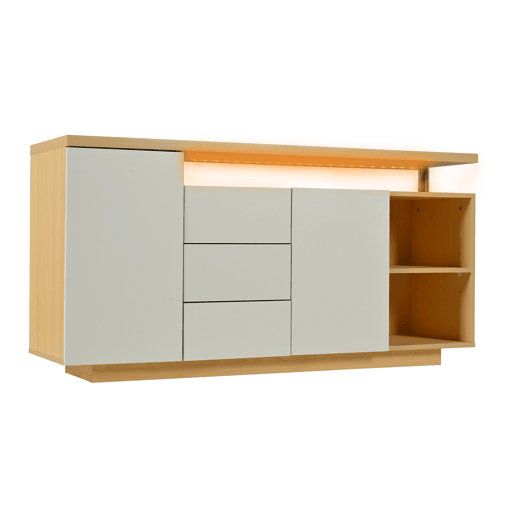 Aparador multifuncional 140 cm - 2 portas, 3 gavetas, 2 compartimentos abertos, com iluminação LED - branco e madeira