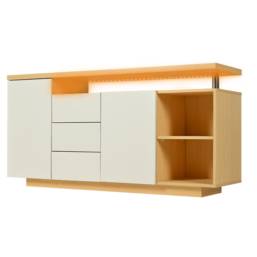 Aparador multifuncional 140 cm - 2 portas, 3 gavetas, 2 compartimentos abertos, com iluminação LED - branco e madeira