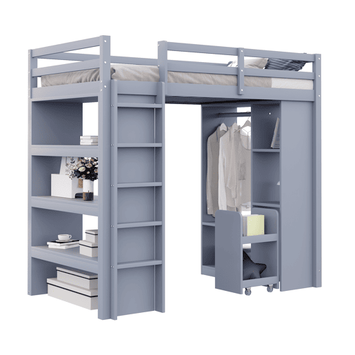 Cama alta infantil 90x200 cm - Com prateleiras multi-níveis, ganchos simples, compartimentos de arrumação, carrinho organizador removível - Cinza