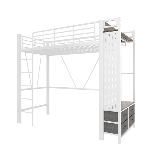 Cama alta 90x200 cm - estrutura em ferro, barra para secar roupa, prateleiras, 4 gavetas, USB+Type-C, LED, grade de proteção, escada, painel perfurado - branco
