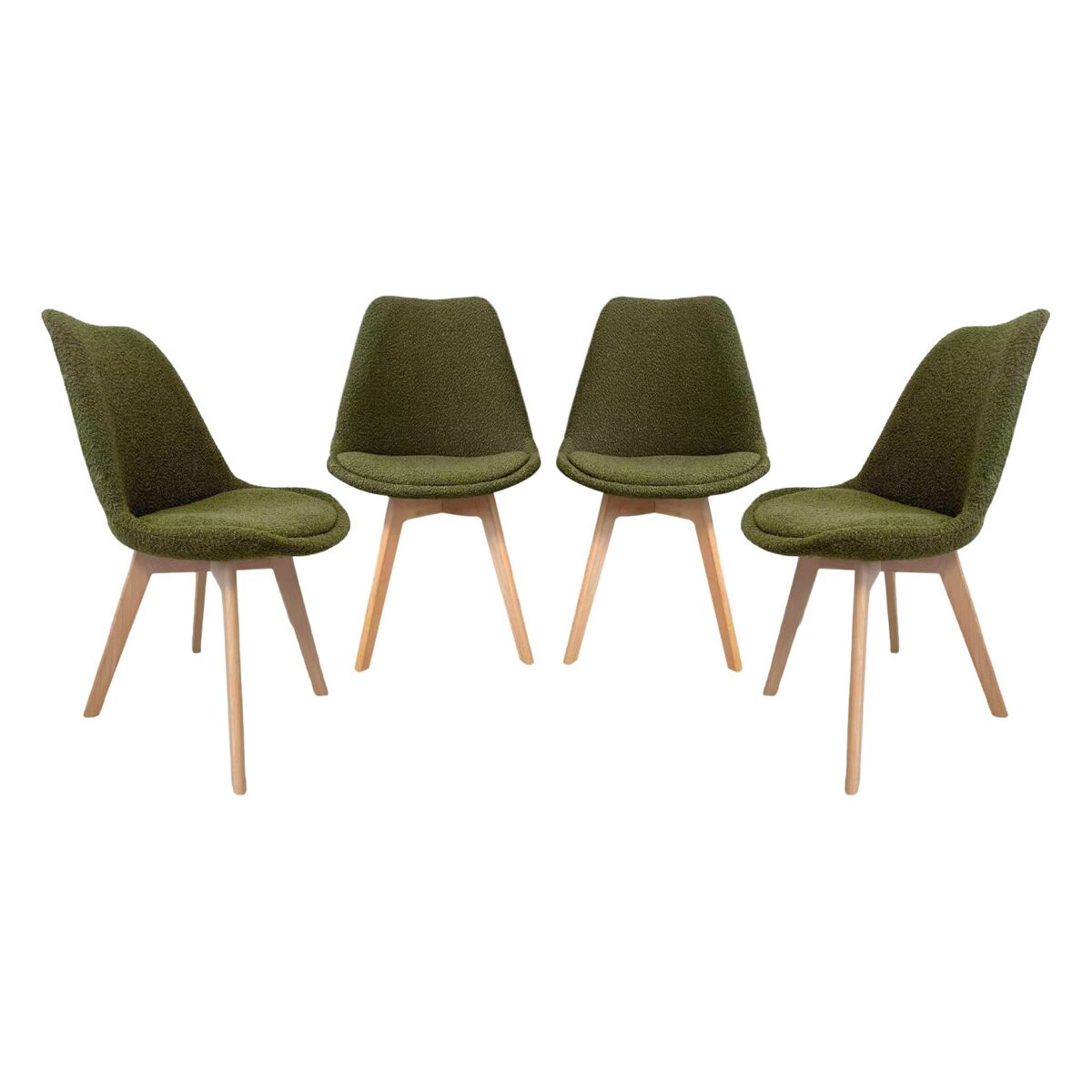 Silla escandinava de madera de haya y borreguito texturizada, set de 4 verde kaki - 49x55x81 cm