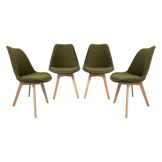 Cadeira escandinava de madeira e boucle texturizado, set de 4, Nils boucle, Verde caqui, 49x55x81 cm